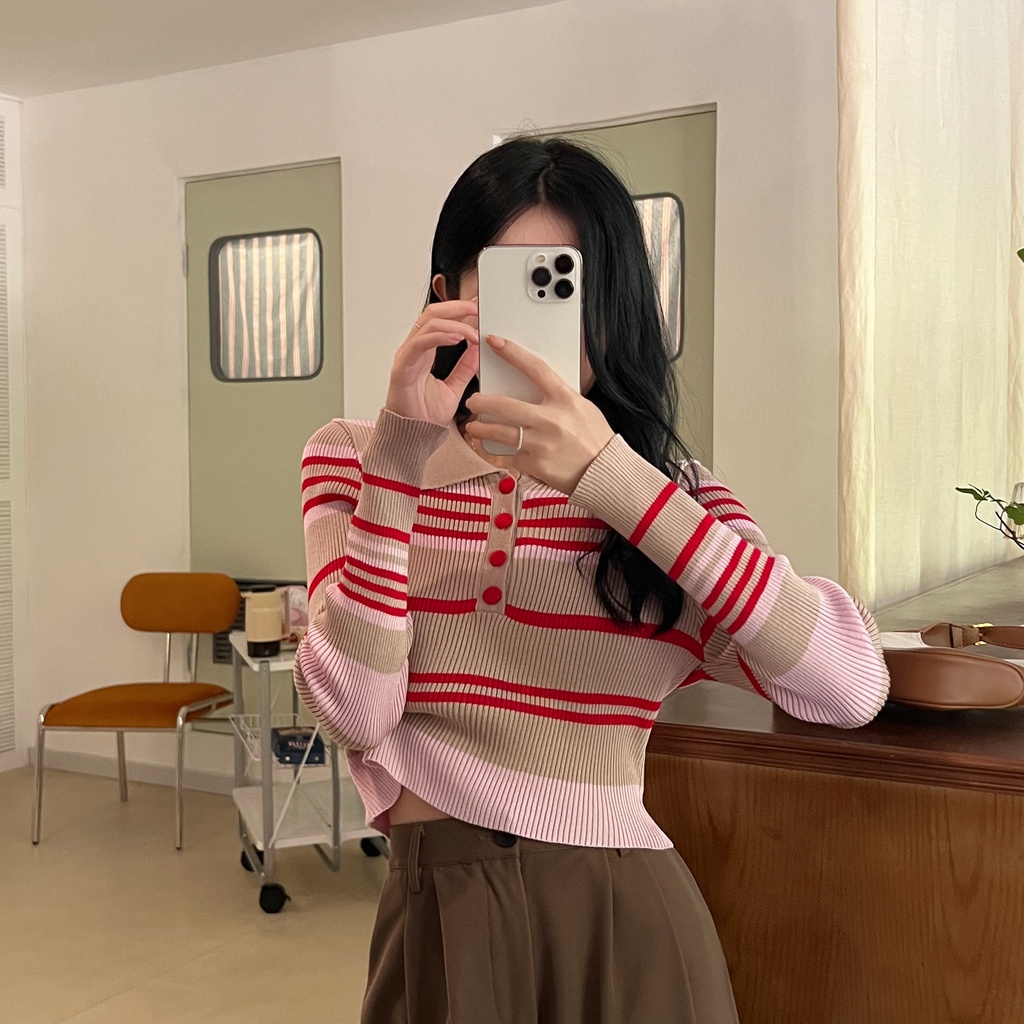 Áo Sweater Dệt Kim Cổ Polo Kẻ Sọc Màu Sắc Tương Phản Thời Trang Mùa Thu Cho Nữ