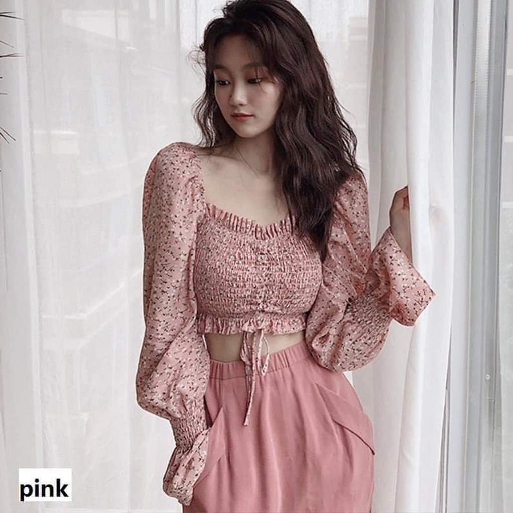 Áo Crotop ulzzang nhún ngực cá tính BA841 , kiểu áo nữ dài tay chất voan dây rút hoa nhí siêu xinh