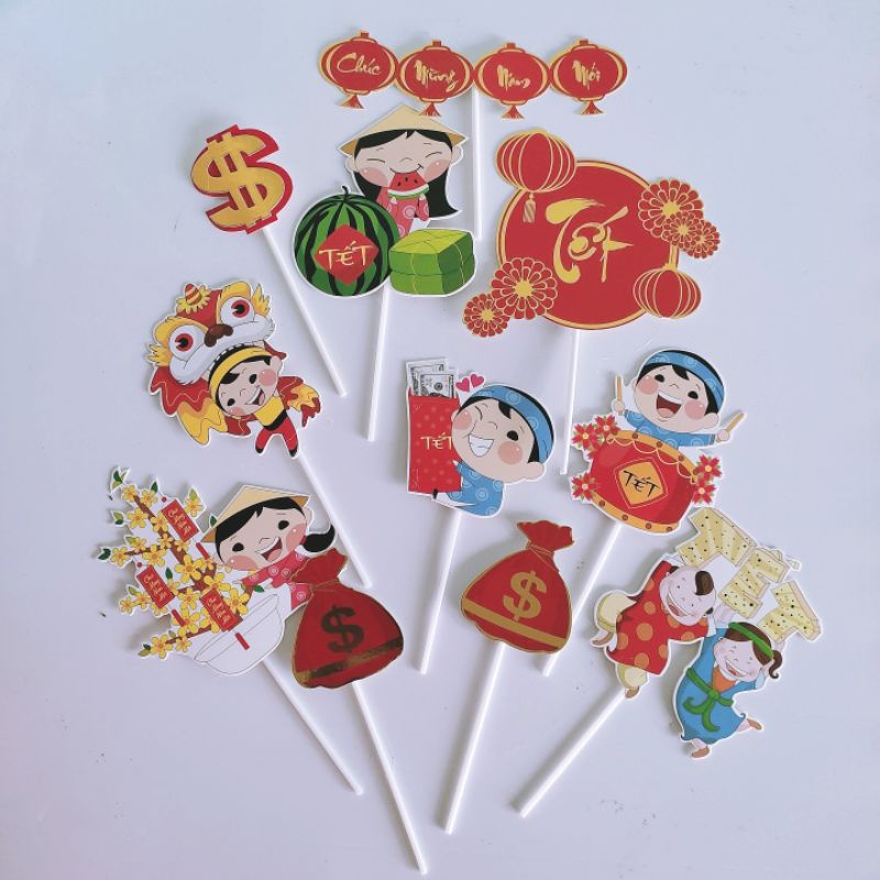 Set cắm Tết trang trí bánh kem, trẻ vui Tết, ông bà thọ mừng năm mới 2022, toppercake