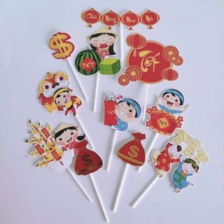 Set cắm Tết trang trí bánh kem, trẻ vui Tết, ông bà thọ mừng năm mới 2024, toppercake