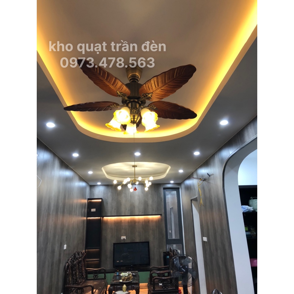 Quạt trần có đèn 5 chao cánh gỗ hình lá cây decor phòng khách biệt thự nhà hàng khách sạn,remote từ xa