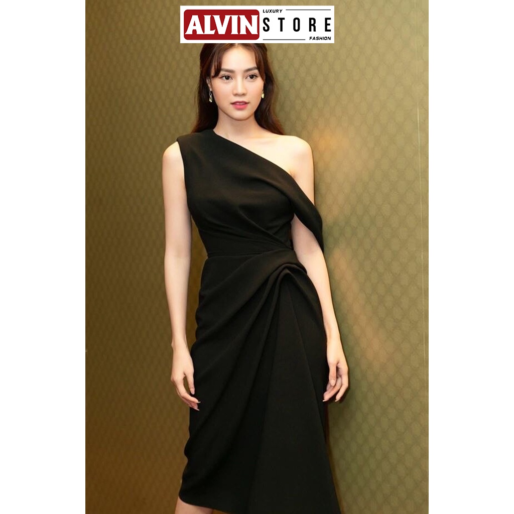 Đầm Dáng Xoè Dài Lệch Vai Nhún Eo Xéo Lai Dự Tiệc Sang Trọng Alvin Store 0871
