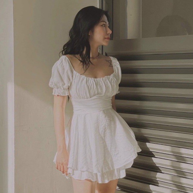 ĐẦM TRẮNG XẾP LY NGỰC THẮT NƠ LƯNG (về thêm đen, xanh, đỏ, hồng)