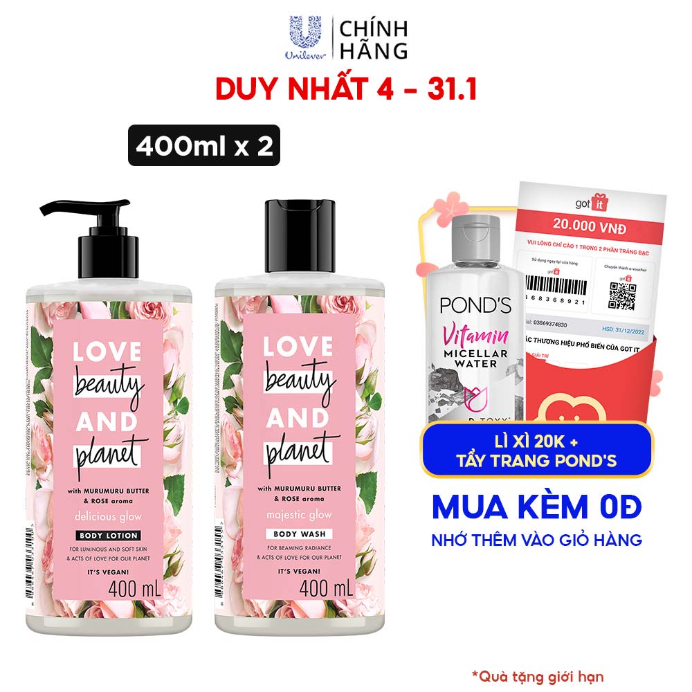 Combo Sữa Tắm + Sữa Dưỡng Thể Love Beauty And Planet Làm Sáng Da (400ml/Chai)