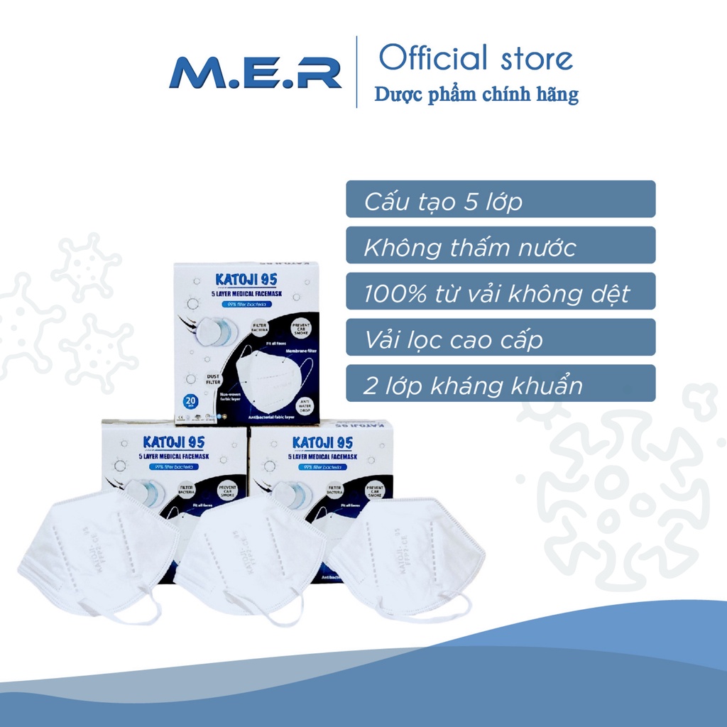 Hộp 20 cái - Khẩu trang Katoji chuẩn N95 kháng khuẩn, lọc bụi mịn