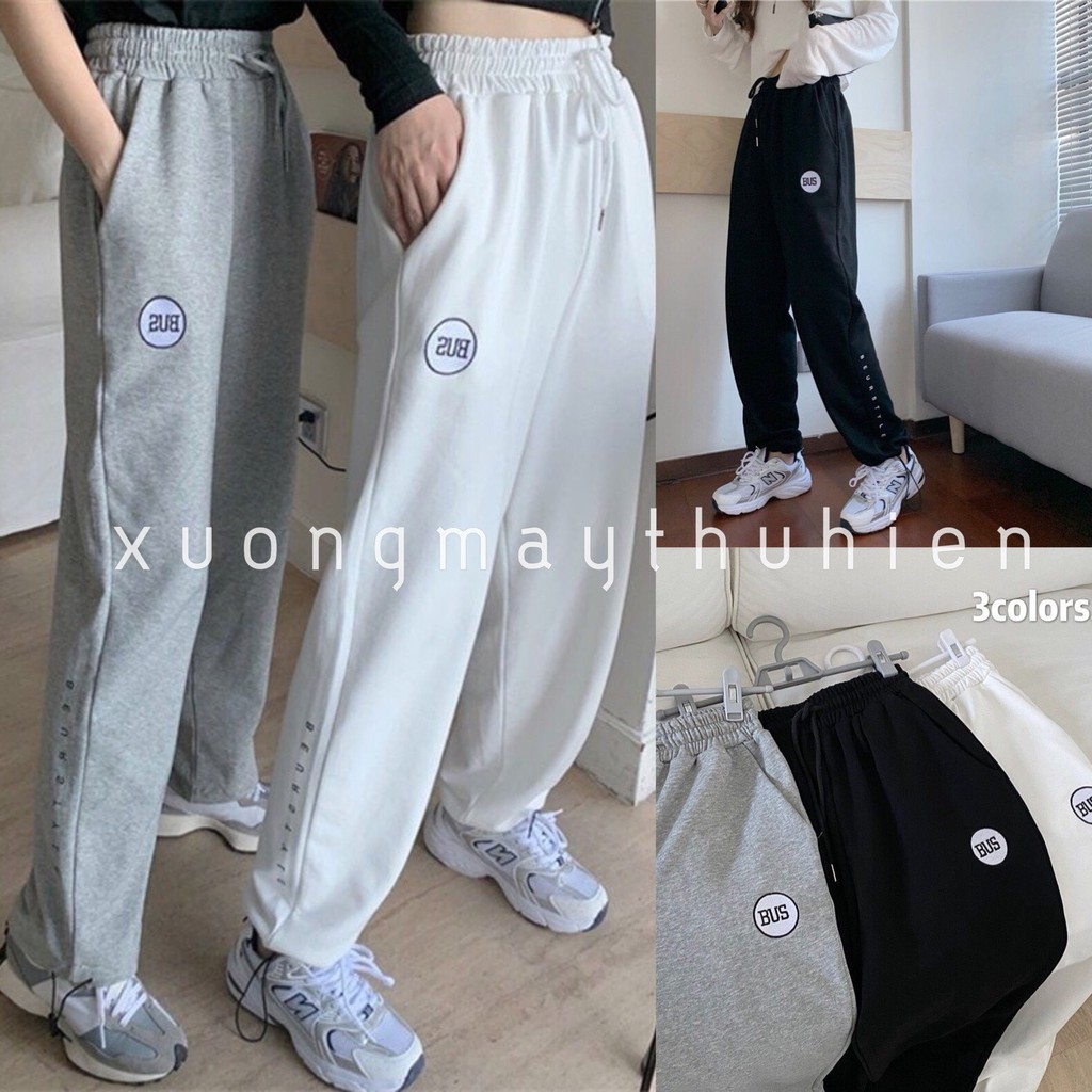 Quần Nỉ Da Cá BUS Unisex/ ogger suông ống rộng rút dây thêu chữ màu ĐEN | TRẮNG | XÁM Ulzzang HOT