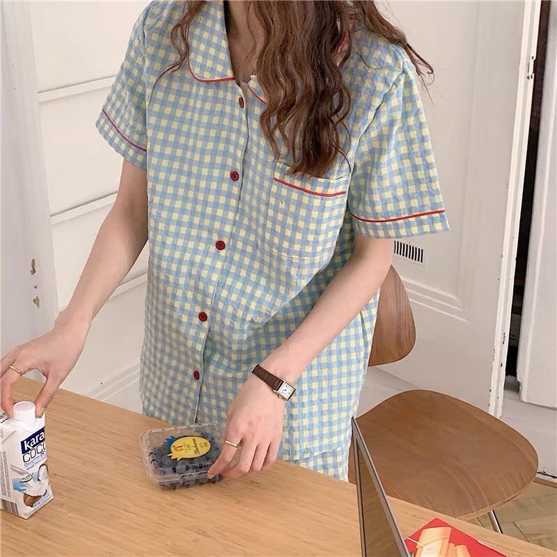 Đồ ngủ / Pyjama mặc nhà kẻ caro hàn quốc cổ lá sen ( có sẵn )