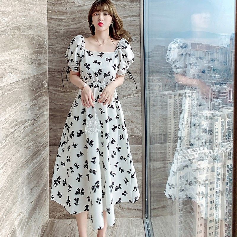 Classic French Low Waist Dress Korean Style Butterfly Square Print Square Neck Fashion White Skirt
