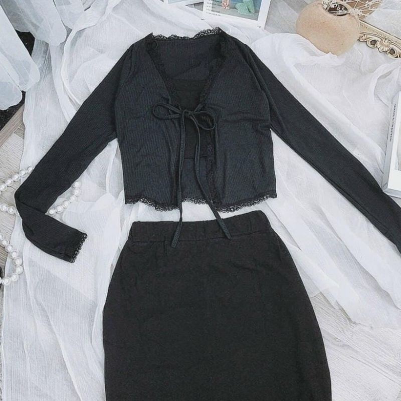 Set chân váy dài kèm sét áo 2 dây cardigan FREESHIP Áo 2 dây mix chân váy dáng dài