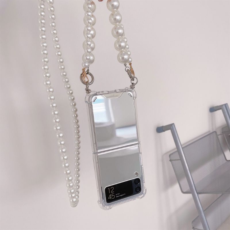 Ốp Samsung Galaxy Z Flip5 - Z Flip 4 - ZFlip3 - Flip4 5G tráng gương kèm combo 2 dây ngọc đơn giản sang trọn