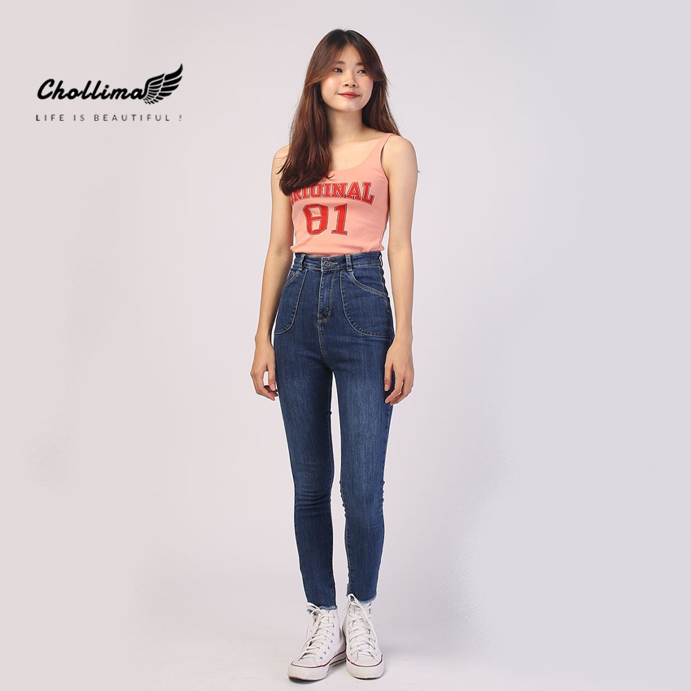 Quần jeans nữ co giãn Chollima cạp siêu cao đắp 2 túi tròn QD003 phong cách hàn quốc