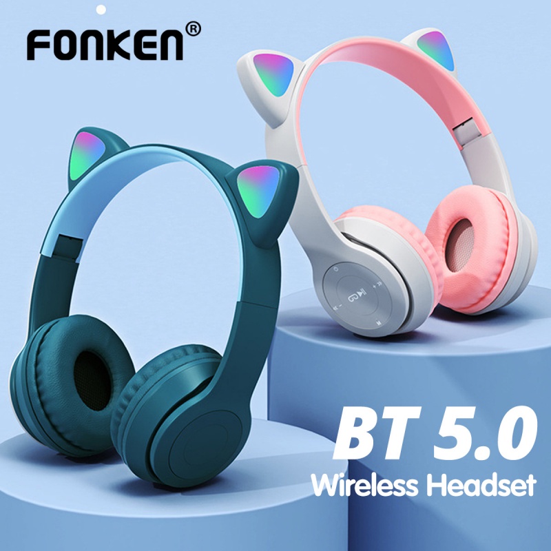 Tai Nghe Chụp Tai Bluetooth Fonken Không Dây Tai Mèo Đáng Yêu Có Đèn LED