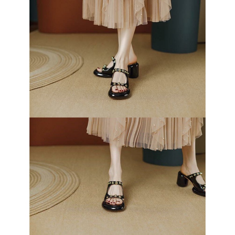 🎀 Dép Sandal Đế Dày Bằng Da Thật Quai Ngang Hở Ngón Đính Đinh Tán Thời Trang Mùa Hè Cho Nữ