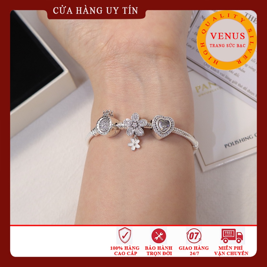 Vòng charm khóa vương miện xâu charm hoa daisy và tim trắng- Bạc 925 cao cấp- Trang sức bạc Venus