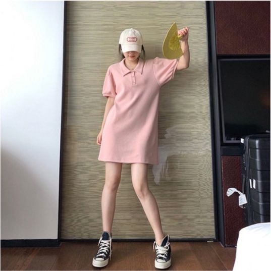 Đầm polo ZHELIHANGFEI ngắn tay dáng rộng họa tiết sọc xinh xắn dành cho nữ