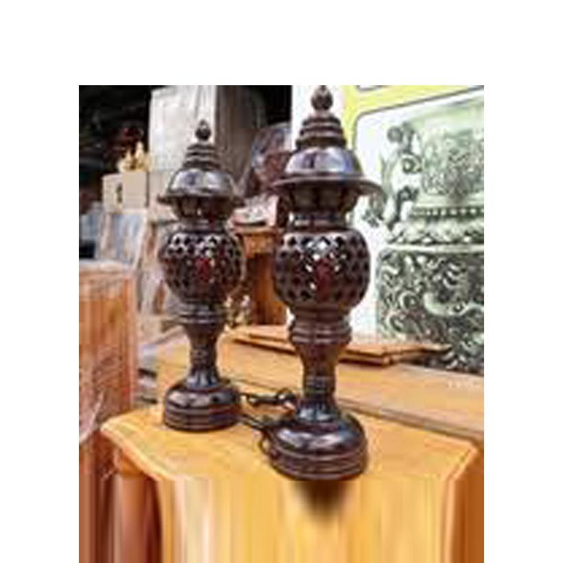 CẶP ĐÈN TỔ ÔNG GỖ TRÀM CAO 34CM MÀU ĐEN NÂU TRANG TRÍ BÀN THỜ