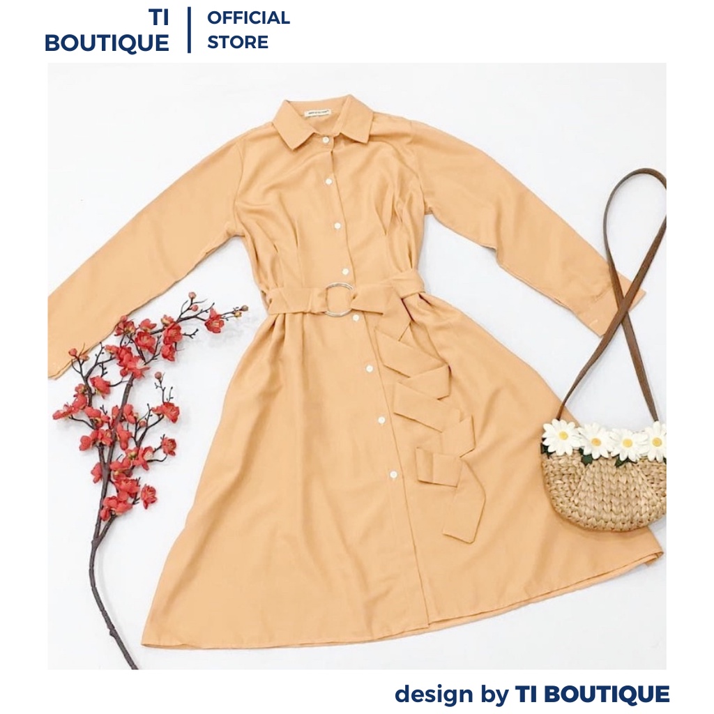 Đầm Công Sở Cổ Somi Tay Dài Thanh Lịch Đĩnh Đạc, Đầm Váy Nữ Dáng Dài Xòe Có Dây Thắt Eo Màu Nude Basic