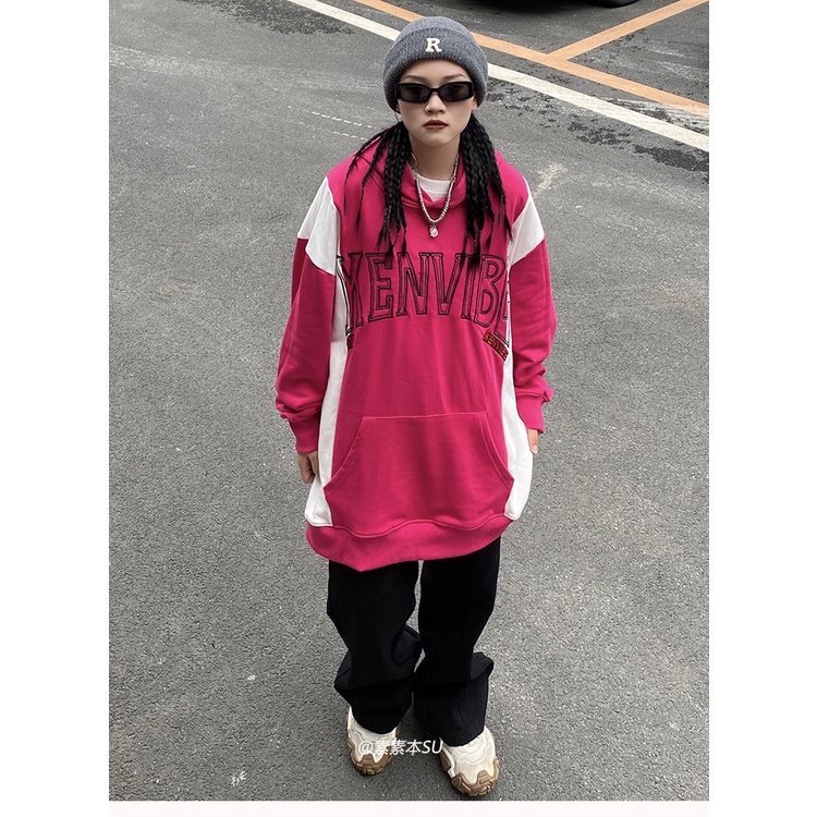 Áo sweater Có Mũ Trùm Dáng Rộng Cỡ Lớn Màu Sắc Tương Phản Kiểu Đường Phố Âu Mỹ Thời Trang Mùa Thu 2022 Mới Cho Nữ
