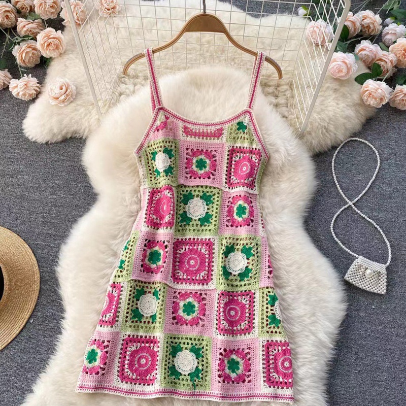 Brroa Đầm Midi Hai Dây Dệt Kim Dáng Chữ A Hở Lưng Họa Tiết Hoa Nhiều Màu Sắc Phong Cách Boho Đi Biển Cho Nữ