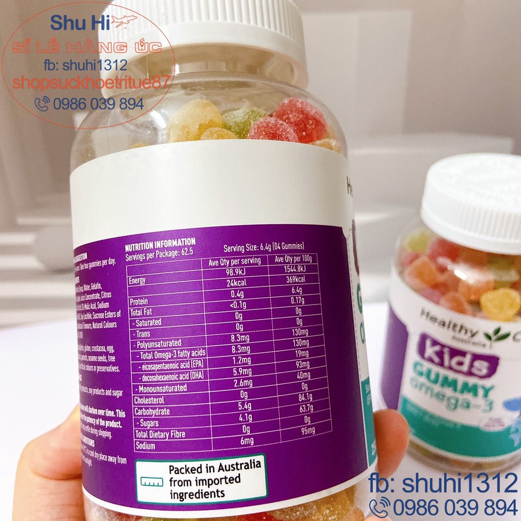 Kẹo gum mềm omega 3 cho bé từ 2 tuổi healthy care kids gummy omega 3 250 viên úc, giúp bé sáng mắt, thông minh