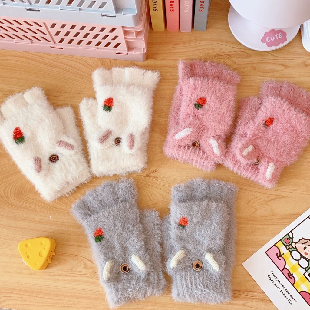 Găng tay hở ngón bằng vải cotton họa tiết cà rốt dễ thương phong cách Hàn Quốc