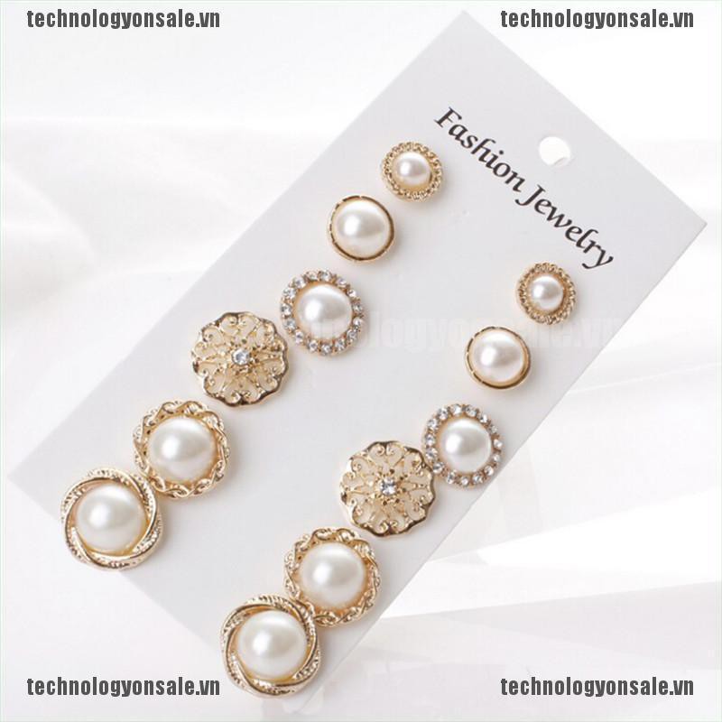 [Tech] 6 Pairs Elegant Crystal Rhinestone Diamond Pearl Sign Ears Tiny Studs Earrings [VN]