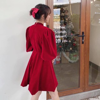ĐẦM NHUNG ĐỎ CỔ TÀU TAY PHỒNG