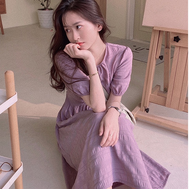 Đầm Midi Thắt Nơ Nhấn Eo Màu Tím Phong Cách Pháp Thời Trang Sang Trọng Cho Nữ