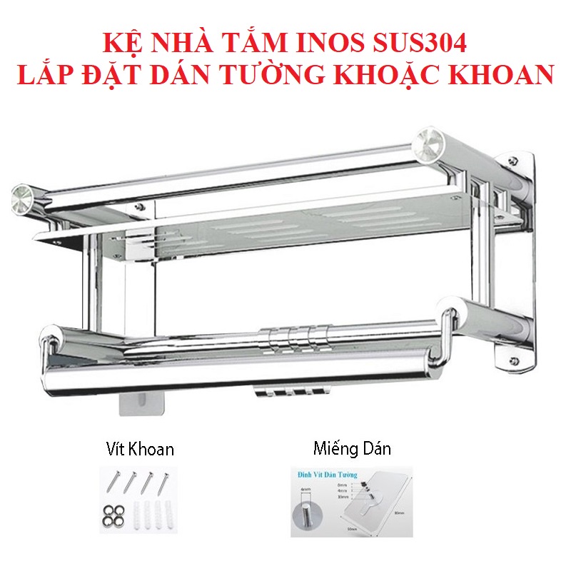 Giá Treo Khăn Nhà Tắm, Kệ INOX 304 Dán tường gạch men không cần khoan lắp đặt dễ dàng