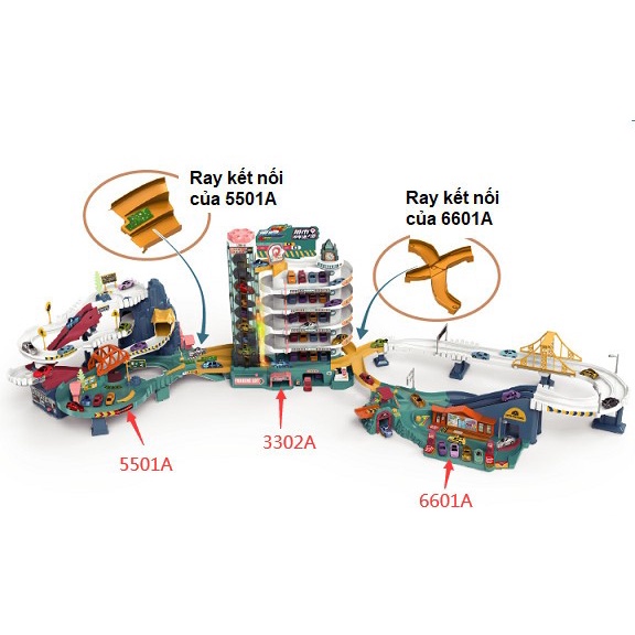 Mô hình đường đua kỳ thú đường hầm khủng long kết hợp Garage ô tô 5 tầng có đèn và nhạc - Babycuatoi