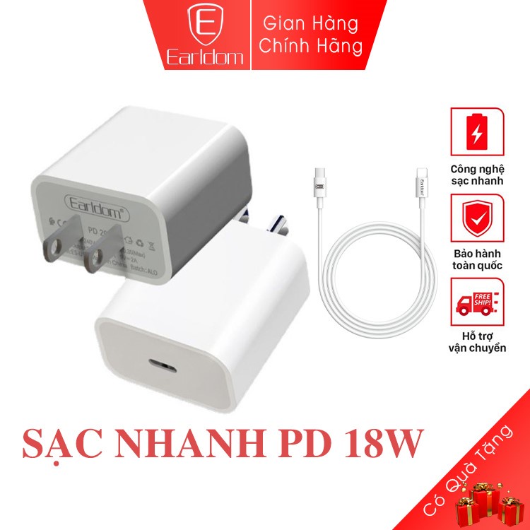 Bộ sạc nhanh PD 18W 20W Earldom ES-US2 US3 kèm dây cáp sạc nhanh thiết kế chống cháy nổ