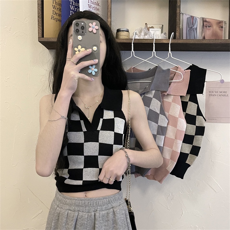 Áo croptop SUXI dệt kim họa tiết sọc ca rô phong cách Hàn Quốc