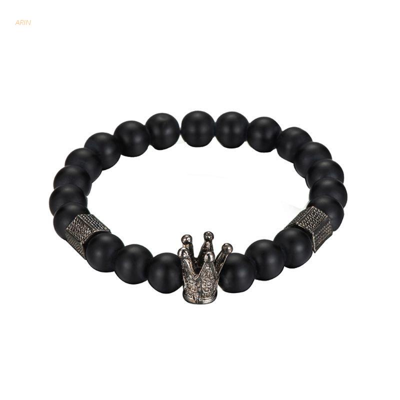 Vòng tay chuỗi hạt đá Onyx màu đen 8mm mặt hình vương miện thời trang cho nam nữ