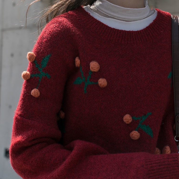 Áo sweater dệt kim cổ tròn họa tiết quả anh đào xinh xắn thời trang trẻ trung ngọt ngào