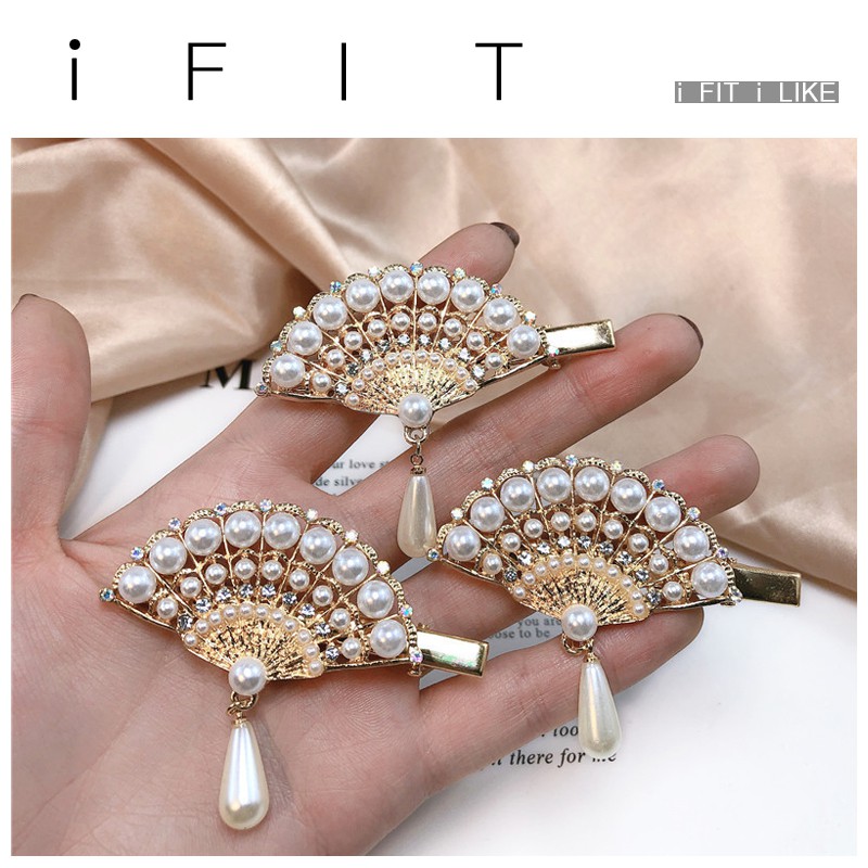 Kẹp Tóc iFIT Hình Quạt Đính Hạt Ngọc Trai Phong Cách Hàn Quốc