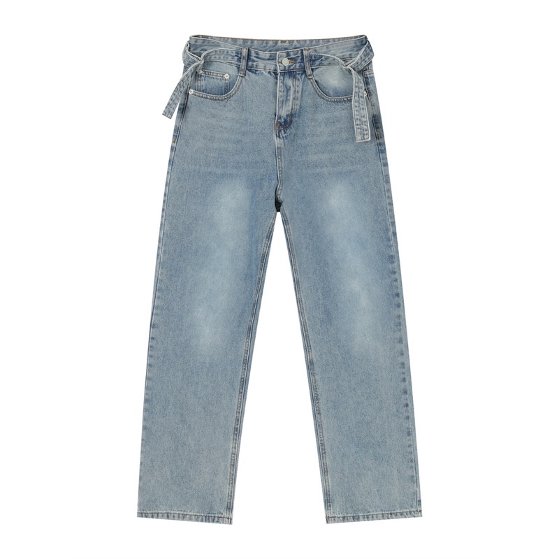 Quần jeans xanh dây thắt sẵn