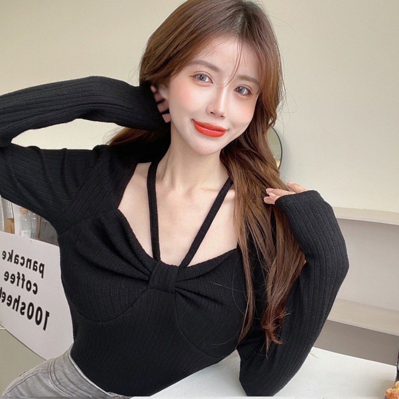 Áo Thun Dệt Kim Tay Dài Cổ Vuông Màu Trơn Ôm Dáng Thời Trang Quyến Rũ Cho Nữ