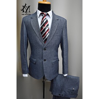 Bộ vest nam 2 nút form suông màu xanh đá cao cấp + cà vạt & kẹp