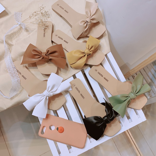 Dép nơ da thắt lolita basic