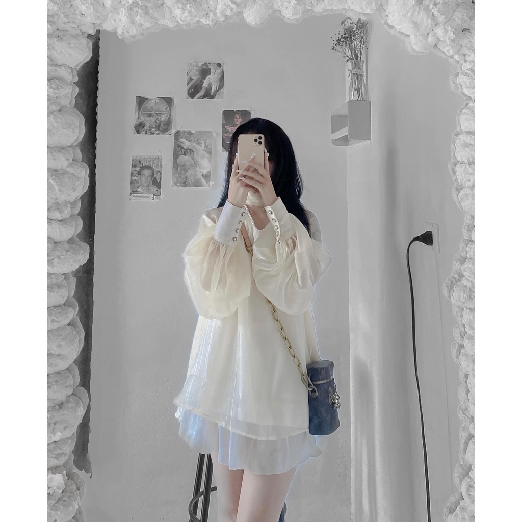 Áo sơ mi tiểu thư cổ v đính ngọc 2 lớp áo sơ mi bánh bèo xinh xắn LD100