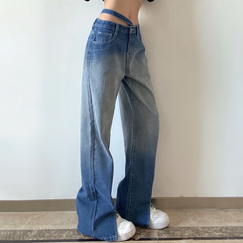 Quần jeans dài lưng cao ống đứng màu nhuộm thời trang cho nữ