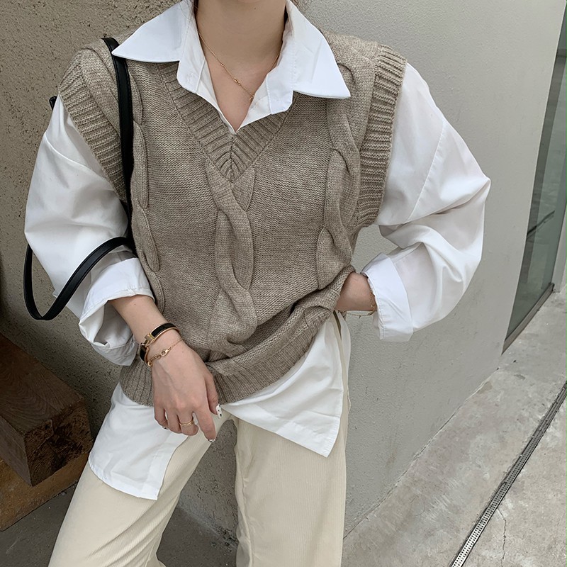 Áo sơ mi trắng dài tay / Áo khoác len không tay thời trang cho nữ | BigBuy360 - bigbuy360.vn