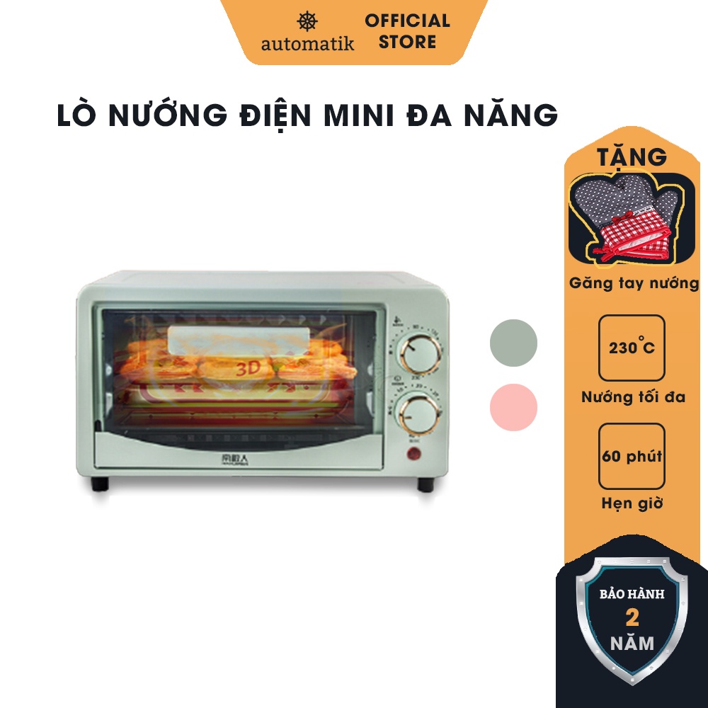 [BH 12 Tháng] Lò Nướng Điện Mini Đa Năng Nướng Bánh, Thịt, Pizza Chín Đều 12L + Tặng Găng Tay Cách Nhiệt - Automatik