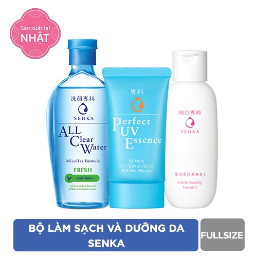 Bộ sản phẩm dưỡng trắng sạch thoáng Senka (Perfect UV Essence 50g + Lotion 200ml + All clear fresh 230ml)