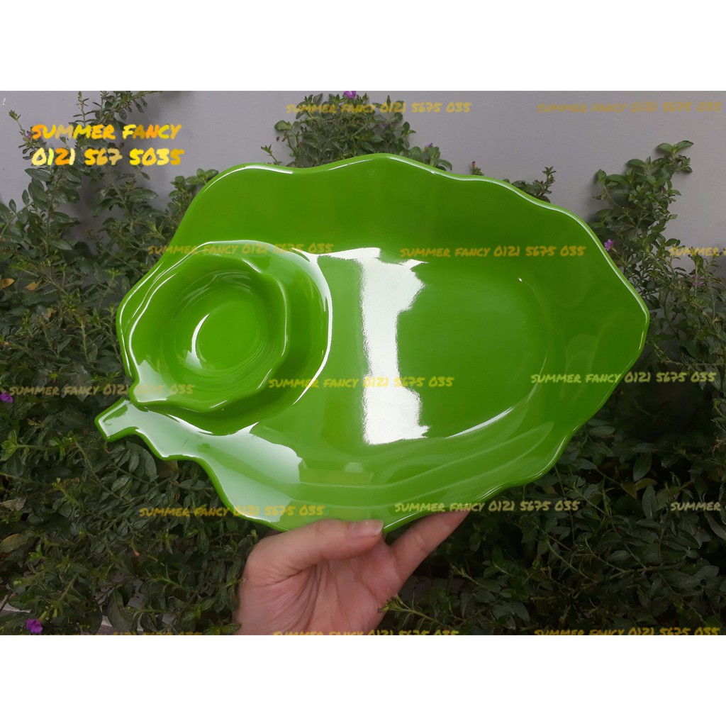 Dĩa lá kèm chén tương 32cm đen, trắng, xanh lá melamine phíp - Leaf shape dish F-DTC08