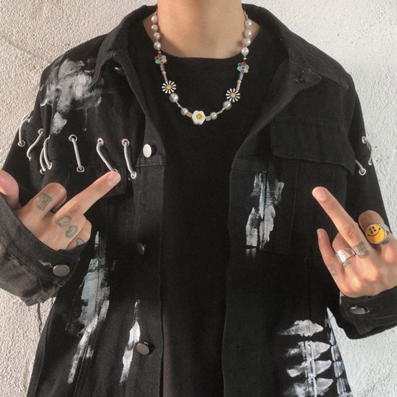 Dây Chuyền Mặt Hình Hoa Cúc Đính Ngọc Trai Phong Cách Hip Hop