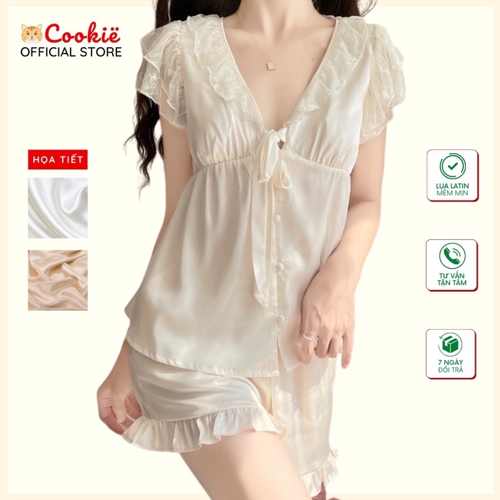 Quần Áo Sexy Ngủ Nữ, Đồ Bộ Ngủ Ngắn Chất Lụa Latin Cao Cấp Tay Ngắn Nhúng Bèo Ren Sang Trọng BOLA0812