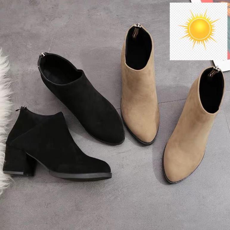 🚴🏇 T10124 Boots da lộn cao 6 phân, mũi nhọn, gót vuông, cổ vát 🚴🏇