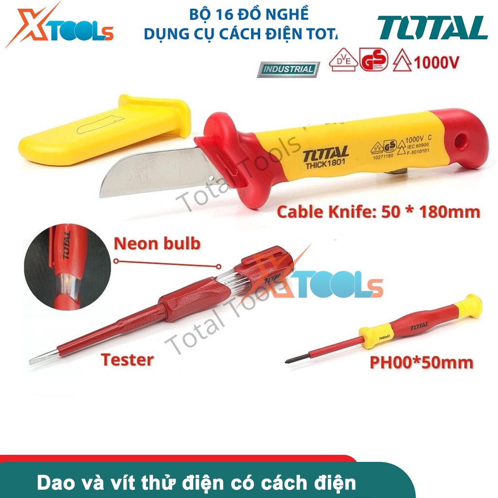 Bộ 16 công cụ dụng cụ cách điện TOTAL THKITH1601, bộ 16 chi tiết cách điện có chứng nhận 1000V, VDE/GS-CHÍNH HÃNG-XTOOLS