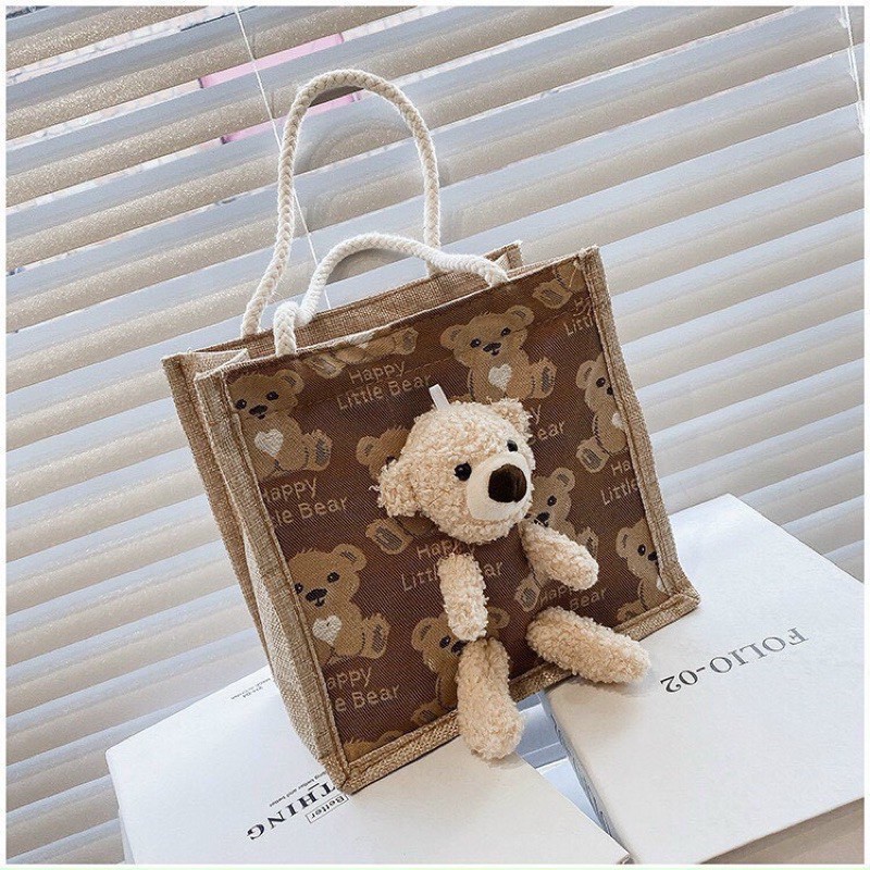 Túi cói quai xách  mini gấu bông đi biển dạo phố nữ đẹp thời trang cá tính dễ thương cute phong Vintage TC003